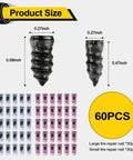 60 Piece Tire Repair Screws Kit For Tubeless Tires With Two Sizes, self service plug fix, showing screws and packaging