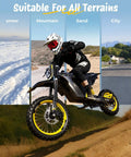 Rider on 3500W Peak Electric Dirt Bike for Teens and Adults, showing off-road capabilities; suitable for snow, mountain, sand, city.
