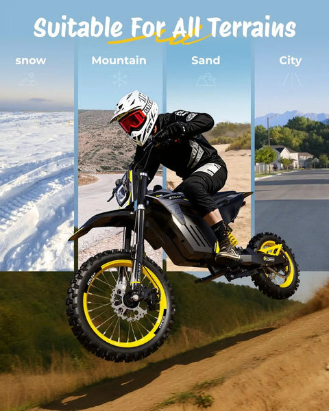 Rider on 3500W Peak Electric Dirt Bike for Teens and Adults, showing off-road capabilities; suitable for snow, mountain, sand, city.