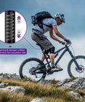 Cyclist using Coil Spring Suspension Seatpost 27.2 X 350 Mm with adjustable clamp on mountain terrain, close-up on spring.