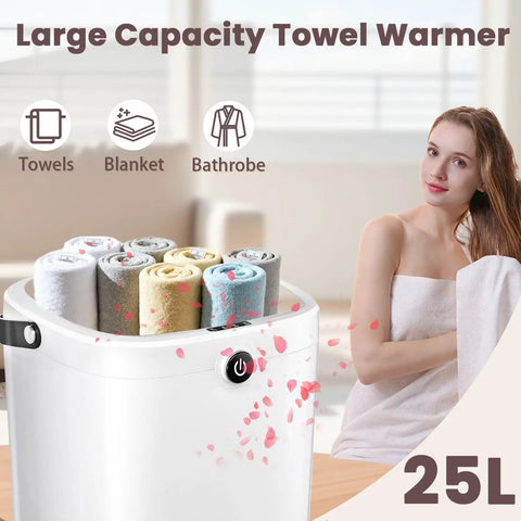 Bucket Style Towel Warmer For Bathroom, Luxury Large Spa Heater With Towels, Next To Woman Wrapping Bathrobe, 25L Capacity