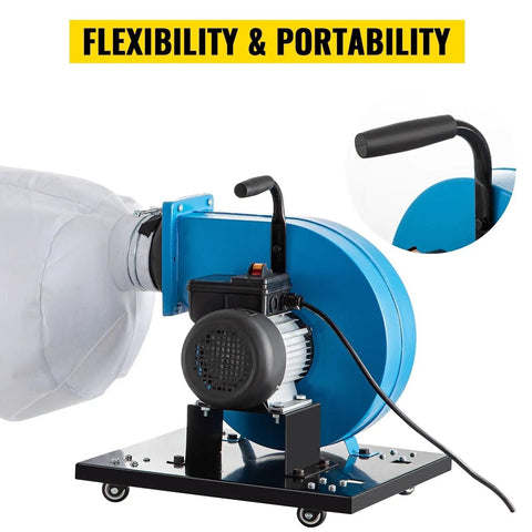 Close-up of Heavy Duty Kick Butt 1 Hp Low Noise Industrial Shop Vacuum 537 Cfm motor and filter bag connection for portability.