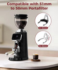 Top Shelf 64 Mm Stainless Steel Flat Burr Coffee Grinder with coffee beans and grounded coffee, showing precision settings for espresso.