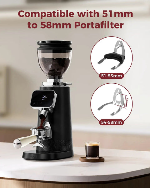 Top Shelf 64 Mm Stainless Steel Flat Burr Coffee Grinder with coffee beans and grounded coffee, showing precision settings for espresso.