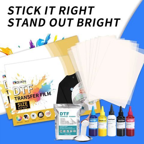 50 Sheets DTF Transfer Film Eight Point Five By Eleven Clear Transfer Paper for Inkjet Printers with ink bottles