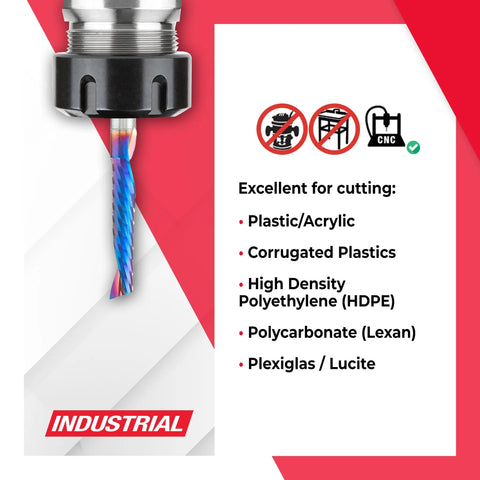 Spektra Coated Solid Carbide CNC Spiral O-Flute Router Bit For Plastics Up Cut 3 Inch Length 1/4 Inch Diameter 1-1/4 Inch Cutting Height Mirror Finish 51407-K Made In USA cutting plastics like acrylic and Lexan.