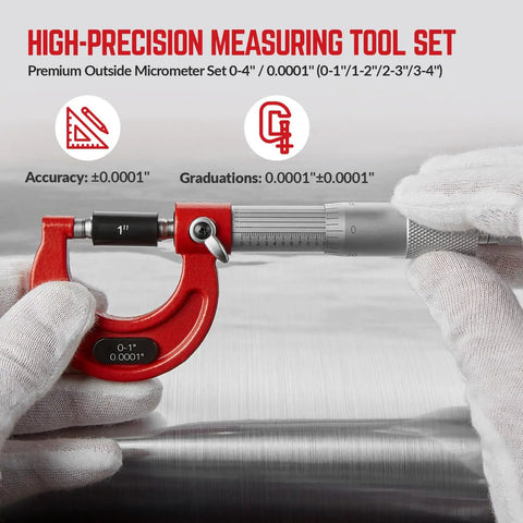 Pro Grade Outside Micrometer Set 0 To 4 Inches With Microfine 0.0001 Inch Readings, Includes Four Carbide Outside Micrometers