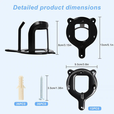 12-Count Horse Bridle Rack With Hooks And Tubes Screws dimensions and components shown in matte black metal, wall mount style.
