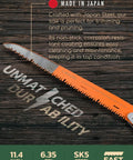 Foldable Camp Saw With 11.4 Inch SK5 Steel Blade on wood background, showcasing durable Japanese steel and ergonomic design.
