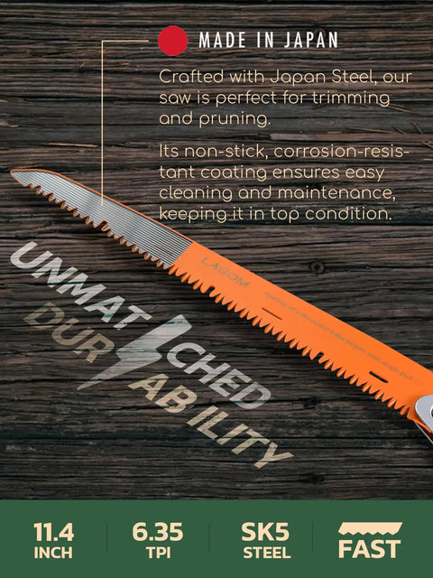 Foldable Camp Saw With 11.4 Inch SK5 Steel Blade on wood background, showcasing durable Japanese steel and ergonomic design.
