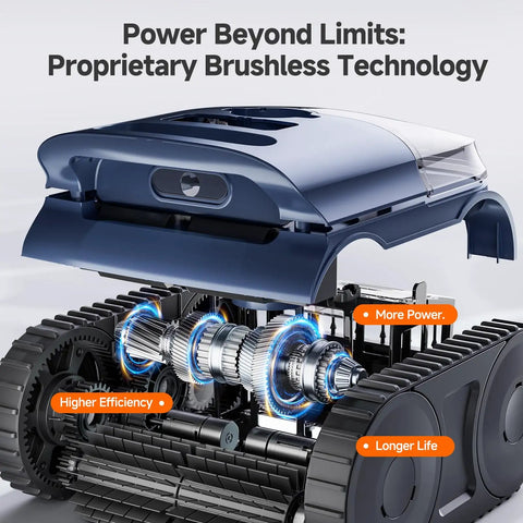 Cordless Pool Cleaner Robot With Smart Navigation And Self Parking LED Indicator Wall And Floor Cleaning showcasing internal brushless technology and components.