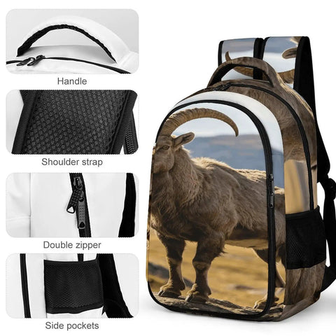 Alpine Wild Horned Goat Print Backpack For Unisex Large Capacity Daypack Made Of Durable Polyester, sturdy zipper detail