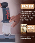 Man using AeroPress with Mesh Stainless Steel Filter for rich flavor coffee brewing, bonus eBook shown next to the setup.
