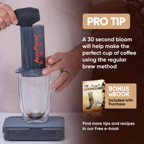 Man using AeroPress with Mesh Stainless Steel Filter for rich flavor coffee brewing, bonus eBook shown next to the setup.