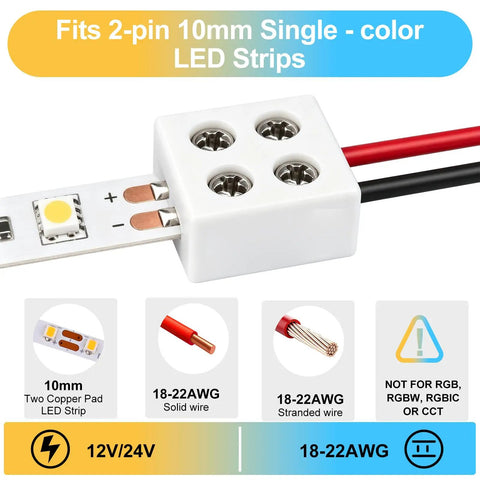 20 Pack Solderless Led Strip Connectors 2 Pin 10 Mm Screw Lock Tape Light Adapter Strip To Wire And Strip To Strip For 5V 12V 24V Single Color Smd Cob No Sweat Hookup Includes Driver with connection ports for 2-pin LED strips.