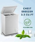 Real Deal 3.5 Cu Ft Compact Chest Freezer With Removable Storage Basket And Smooth Thermostat Dial For Low Noise Dorm Room Or Garage Cold Storage Efficiency with open lid and ice cubes.