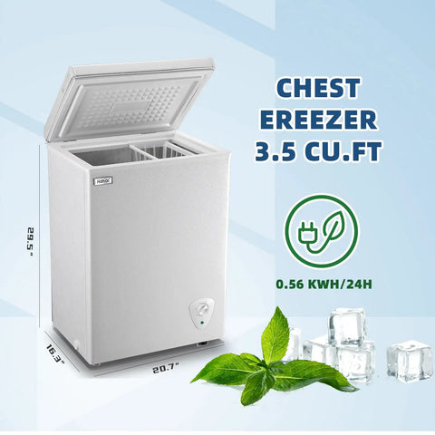 Real Deal 3.5 Cu Ft Compact Chest Freezer With Removable Storage Basket And Smooth Thermostat Dial For Low Noise Dorm Room Or Garage Cold Storage Efficiency with open lid and ice cubes.