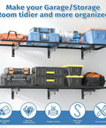 Two Pack Heavy Duty Garage Wall Shelving Racks 46 By 12.5 Inches Wall Mounted With 8 Hooks And 320 Lb Capacity Black Metal floating shelves holding tools and storage bins