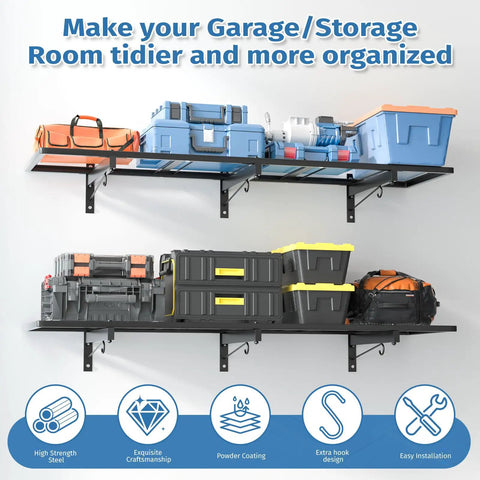 Two Pack Heavy Duty Garage Wall Shelving Racks 46 By 12.5 Inches Wall Mounted With 8 Hooks And 320 Lb Capacity Black Metal floating shelves holding tools and storage bins
