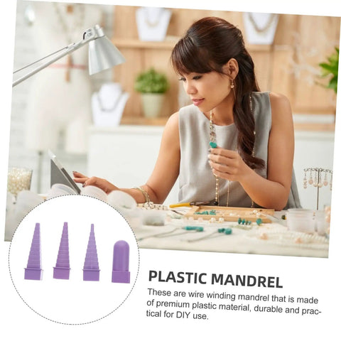 Woman crafting jewelry at table with 4 Piece Plastic Mandrel Set for Jewelry Making Lightweight Spiral and Coil Mandrels visible.