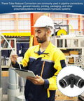Worker with tablet and pneumatic systems, inset of Six Pack Elbow Union Push To Connect Fittings Five Sixteenth In OD Tube Quick Lock Air Hose Adapters For Pneumatic Systems