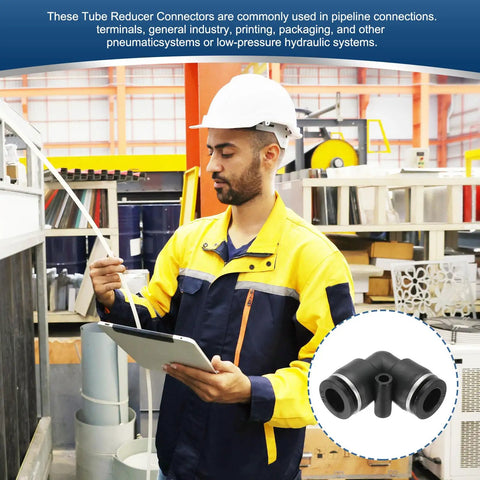 Worker with tablet and pneumatic systems, inset of Six Pack Elbow Union Push To Connect Fittings Five Sixteenth In OD Tube Quick Lock Air Hose Adapters For Pneumatic Systems