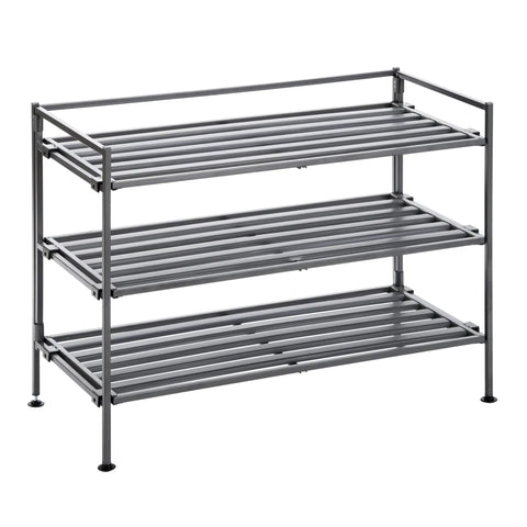 Heavy Duty Stackable Steel Shoe Rack Three Tier Multi Purpose Floor Organizer Clutter Fighting Design With Roomy Shelves For Sneakers And Coats Simple Setup In Ash Gray