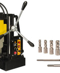 Heavy Duty Magnetic Drill Press With Rack And Pinion Control For Smooth Metal Work Loaded With Seven Piece HSS Annular Cutter Kit, showcasing drill and cutters.