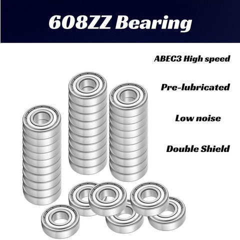 608ZZ ball bearings set, 8x22x7 mm, double shielded, pre-lubricated steel; multiple bearings shown