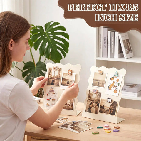 Woman organizing photos on Four Piece Scalloped Magnetic Memo Boards Set For Desk Or Wall Display Eleven By Eight Point Five Inch Magnetic Display Stand For Memos Photos And Menus Great For Home Office Kitchen And Office Organization.