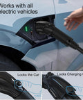 Level Two EV Charger With 240V NEMA 14 To 50 Plug And 25 Foot Cable UL Certified Portable Electric Vehicle Charging Station connecting to car.