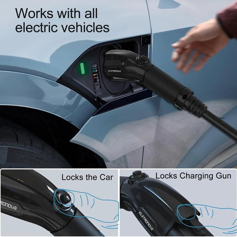 Level Two EV Charger With 240V NEMA 14 To 50 Plug And 25 Foot Cable UL Certified Portable Electric Vehicle Charging Station connecting to car.