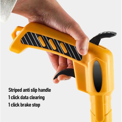 Hand holding the striped anti-slip handle of the Luocute Distance Measuring Wheel 9999.9m Capacity Folding Design.