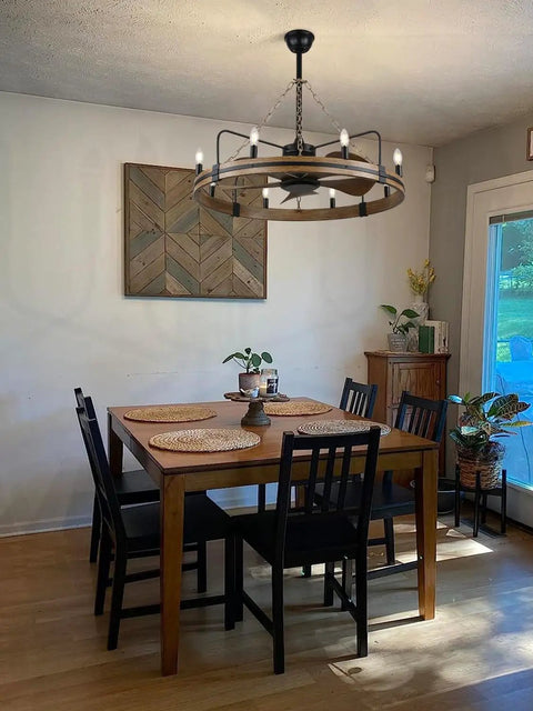 Beaded Wood Chandelier With 6 Candle Lights Rustic Farmhouse Pendant Ceiling Light In Black in dining room setting