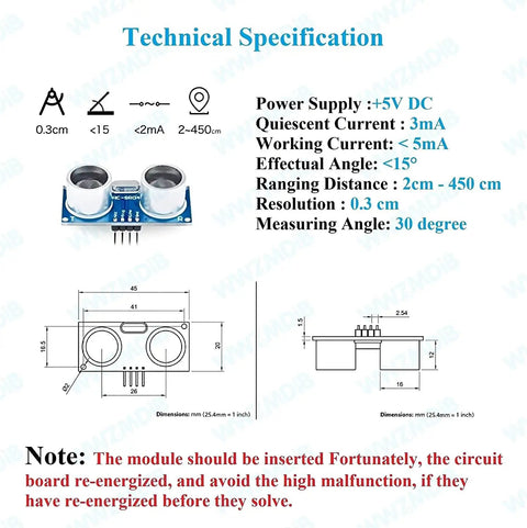 Technical specifications of Five Pack HC-SR04 Ultrasonic Sensor Modules For Arduino R3 Mega 2560 Nano Duemilanove DIY Kits