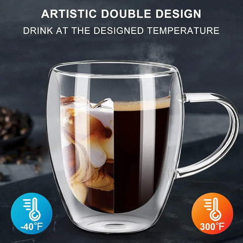 Grab These Sleek Double Wall Glass Coffee Mugs Set Of Two, Tough Borosilicate Build with hot coffee and iced drink.