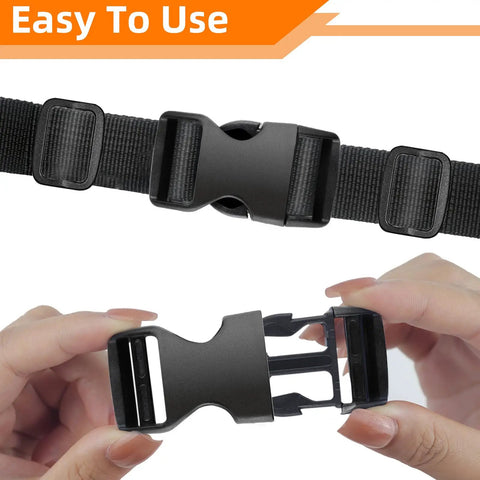 8 Pack 1 Inch Quick Release Side Release Buckles for Straps and Nylon Webbing, Includes 16 Slide Clips shown on black strap