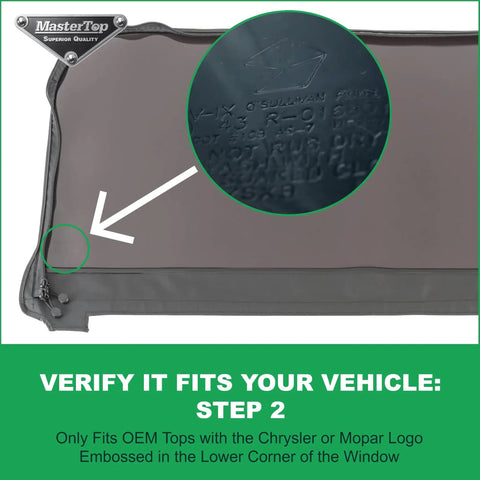 Soft Rear Window Replacement for Jeep Wrangler JK 2011-2018 OEM Factory Top Black Diamond with embossed Chrysler logo detail.