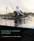 Kayak with NK300 Electric Kayak Motor With 3HP Boost, 36V Brushless Direct Drive, angler on water.