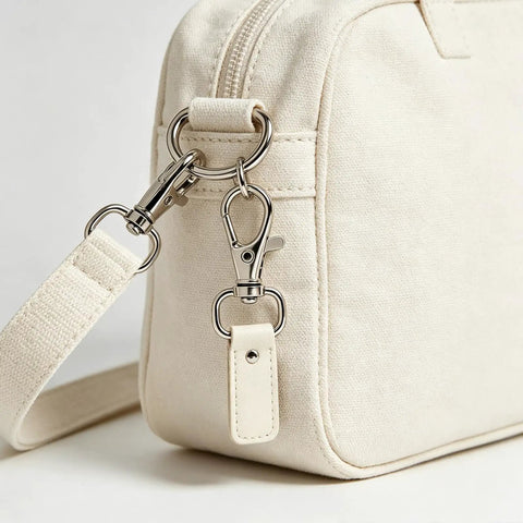 Hella Durable Zinc Alloy Swivel Snap Hooks And D Rings For Purse Hardware, Keychain Crafting, Sewing, 122 Piece Kit With Smooth Turn Clasps, Half Inch Opening, Total Breeze To Use attached to a beige bag