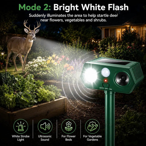 Two Gear Solar Ultrasonic Animal Deterrent With Motion Sensor Strobe Flash Yard Garden Deer Cat Rabbit Repeller For Plants And Vegetables Habituation Proof 2026 Upgrade, white flash mode in garden