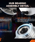 Hub bearing assembly detail showcasing high-carbon chrome steel and stainless steel studs for Rear And Front Wheel Bearing And Hub Assembly Kit For Ford Explorer 2011 To 2018 And Police Interceptor Utility Front And Rear 5 Lug Hubs With ABS Durable Replacement For Rough Roads Direct Fit.