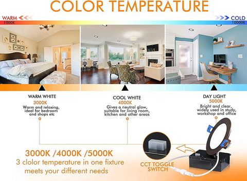 Image showing color temperature settings of Ultra Thin 4 Inch LED Recessed Downlight Canless With Junction Box, Dimmable 10W.