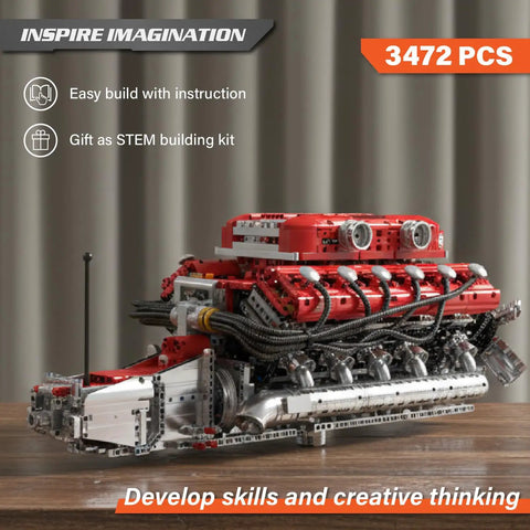 DIY V12 Engine Model Kit With 3472 Pieces For Teens And Adults Hands On Engine Project STEM Building Set For Mechanics Enthusiasts Educational Hobby Gift And Realistic Engine Showcase, red assembled model