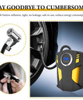 Straight Up Reliable 12V Tire Inflator Air Compressor with Digital Pressure Gauge and LED Light connected to a car tire.
