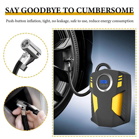 Straight Up Reliable 12V Tire Inflator Air Compressor with Digital Pressure Gauge and LED Light connected to a car tire.