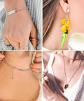 Four images showing various jewelry pieces: a bracelet on a wrist, tassel earrings, a necklace clasp, and a pendant necklace on a woman.