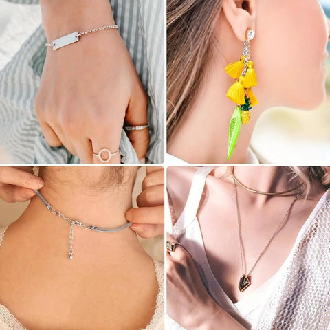Four images showing various jewelry pieces: a bracelet on a wrist, tassel earrings, a necklace clasp, and a pendant necklace on a woman.