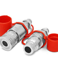 Two flat-face hydraulic quick-connect couplers with red protective caps; #8 JIC bulkhead skid-steer mount.