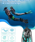 All In One Snorkel Set With Panoramic Mask And Dry Top Snorkel Grab And Go Adjustable Fins And Travel Bag For Adults displayed underwater
